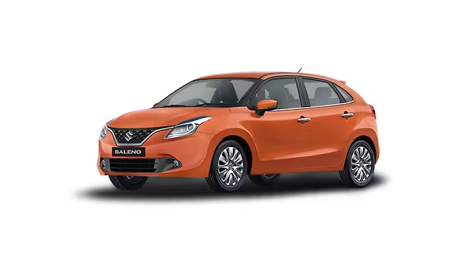 Autumn orange Maruti Suzuki Baleno premium hatchback — QuickAura Travels cab